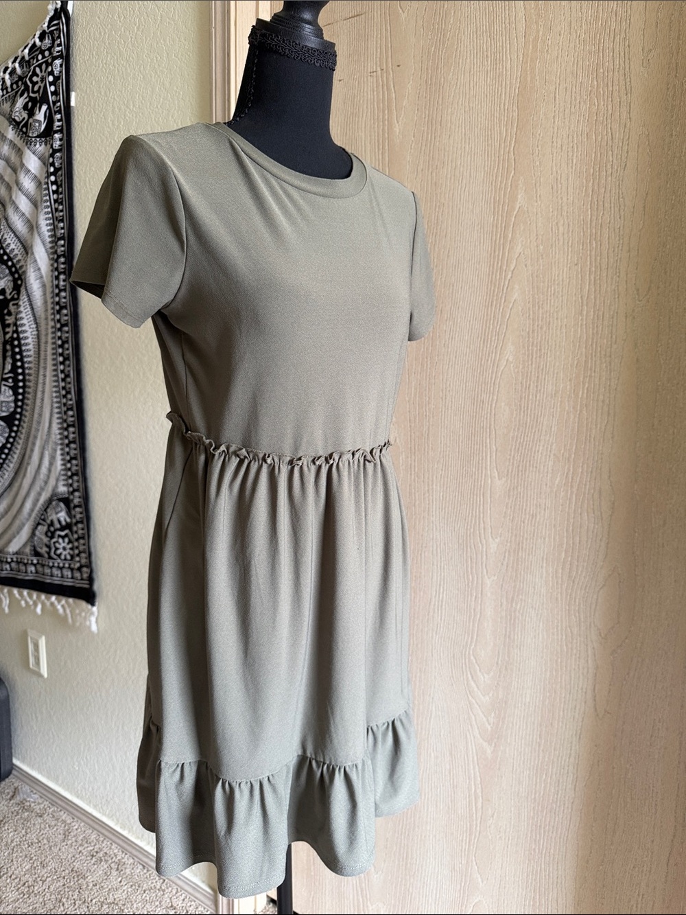 As U Wish Sage Green Short Sleeve Ruffle-Hem Mini Dress